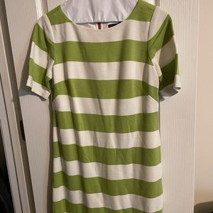 Green and white striped dress with pink zipper